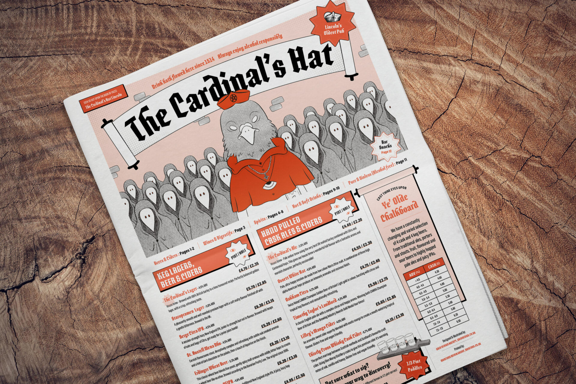 The Cardinal's Hat Menu on Wood