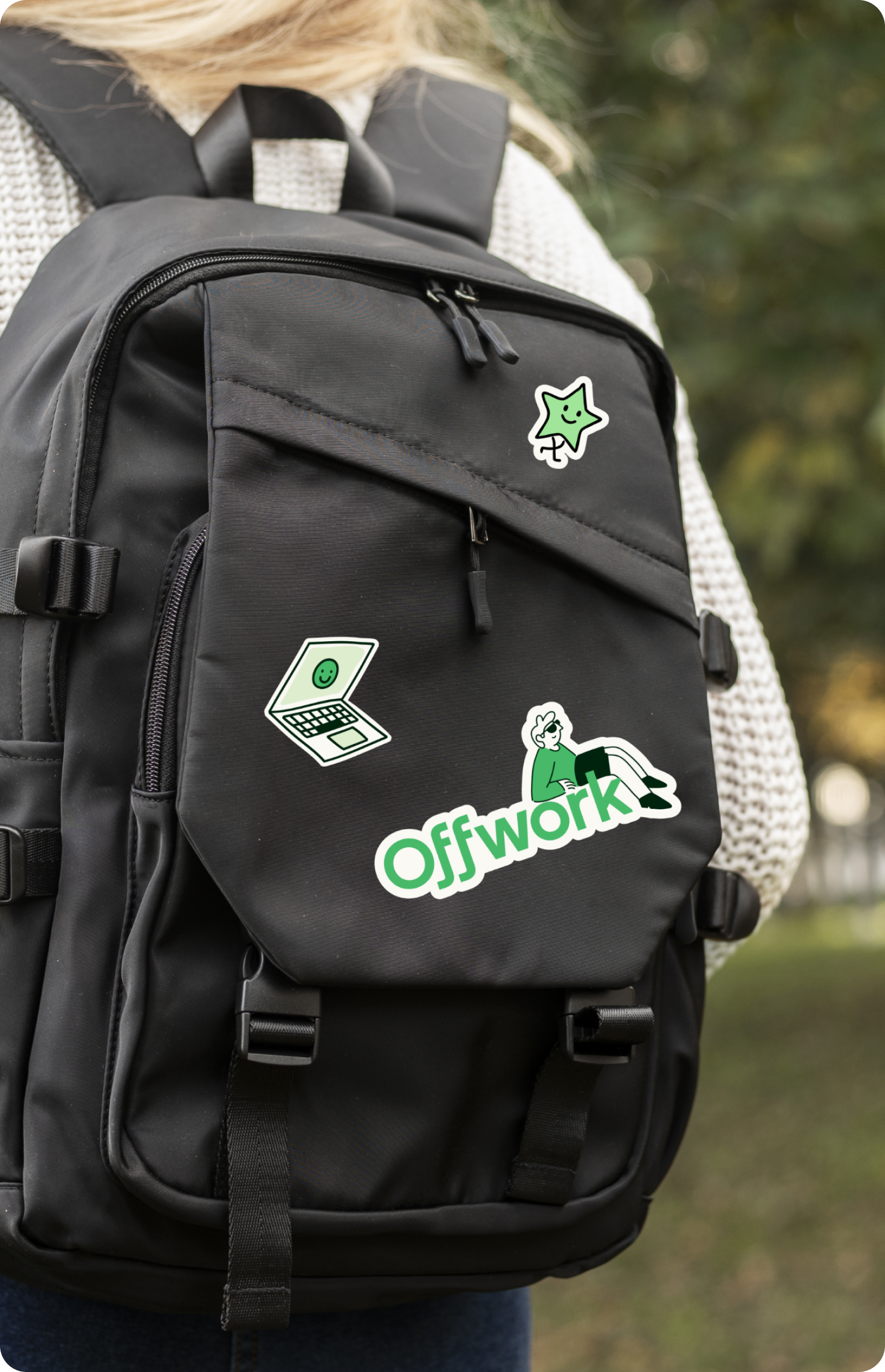 A backpack with stickers on it from Offwork