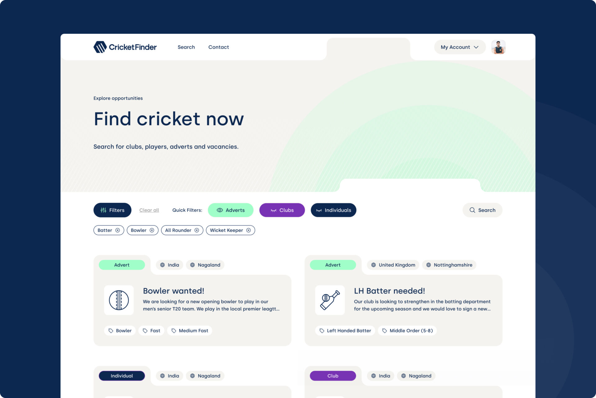 A screenshot of the Cricket Finder website