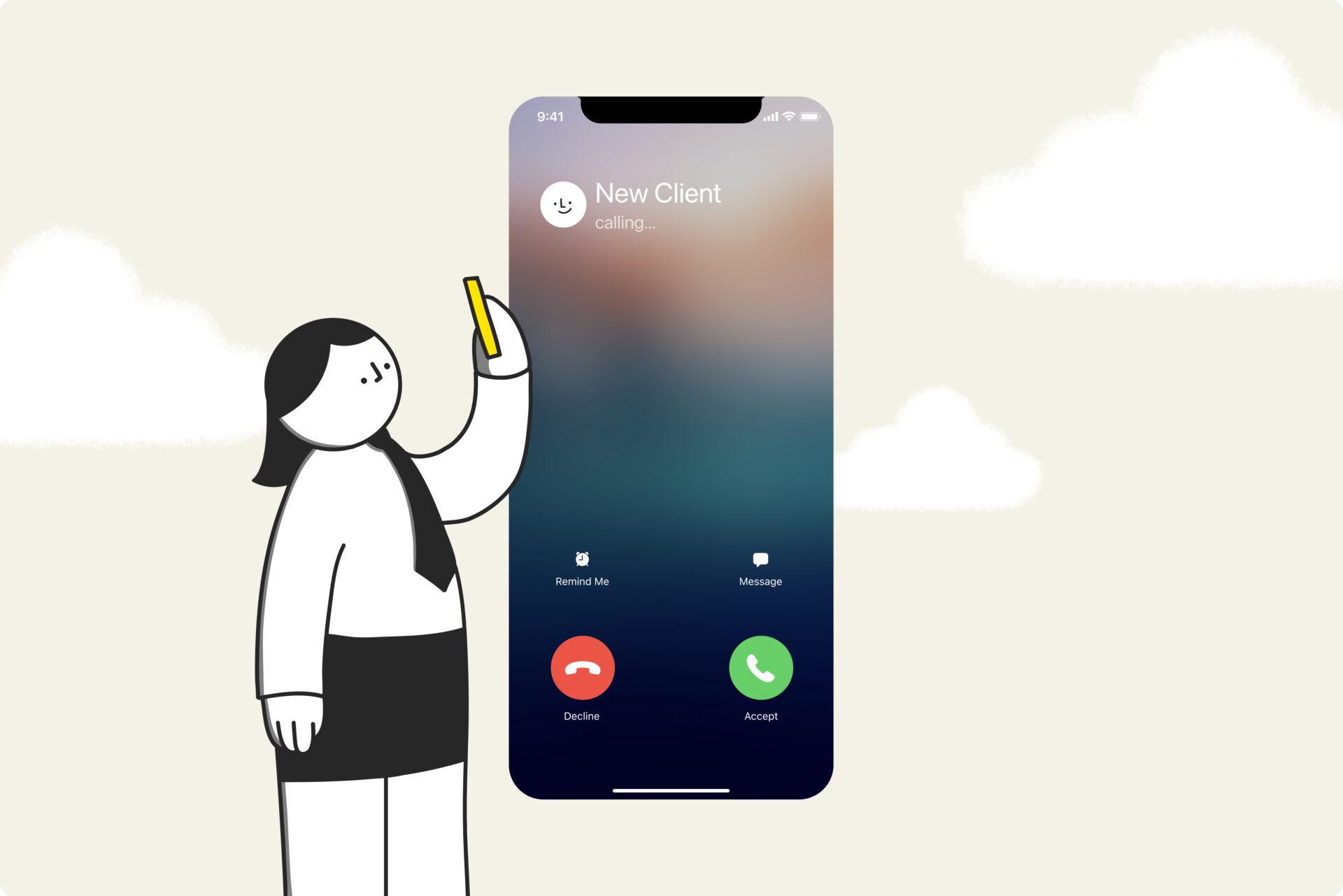 A cartoon of a woman holding a phone