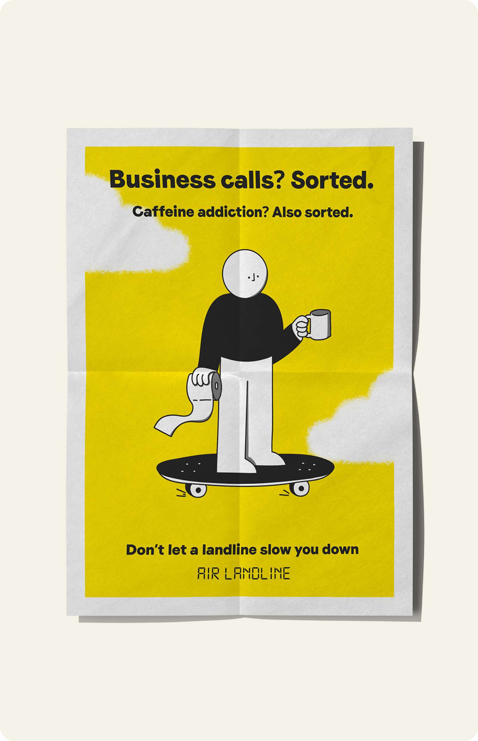 A poster of a man on a skateboard with a cup of coffee for Air Landline